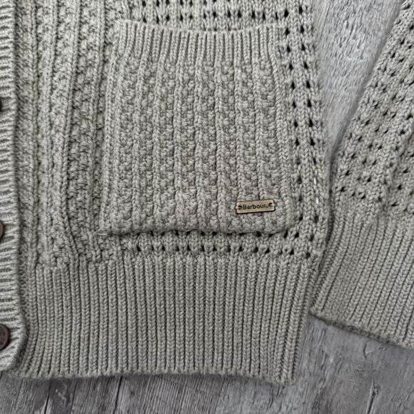 Barbour Cardigan Sweater Womens Sz 10 Taupe 100% Cotton Shawl Collar Button Up - Picture 4 of 8